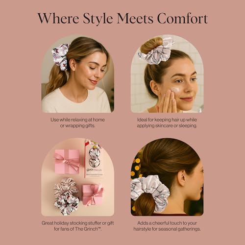 Image of The Grinch x Kitsch Pillow Satin Scrunchies for Women - Hair Ties No Damage, No Crease Hair Accessories | For Day or Night Use | Ideal Gifts for Women - 2pcs
