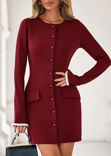 Lazysmile Women's Casual Dresses Long Sleeve Boat Neck Button Down Bodycon Mini Fall Party Club Cocktail Dresses for Women Wine Red — view 3