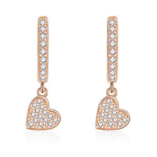 Zolkamery Silver Hoops Earrings for Women, 925 Sterling Silver Dangling Hoop Earrings with Heart Pendant, Hypoallergenic Huggie Drop Earrings with Zirconia, Rose Gold Dangle Earrings for Party Daily
