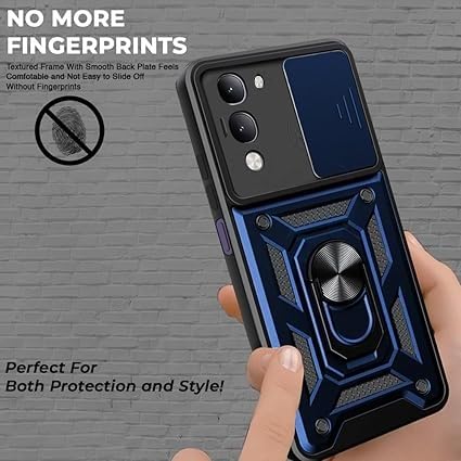Image of SPAZY CASE Vivo T4 Lite 5G Back Cover | Heavy Duty Hybrid Case with 360 Degree Rotating Finger Ring Holder + Slider Shutter Camera Protection Case for Vivo T4 Lite 5G - Blue