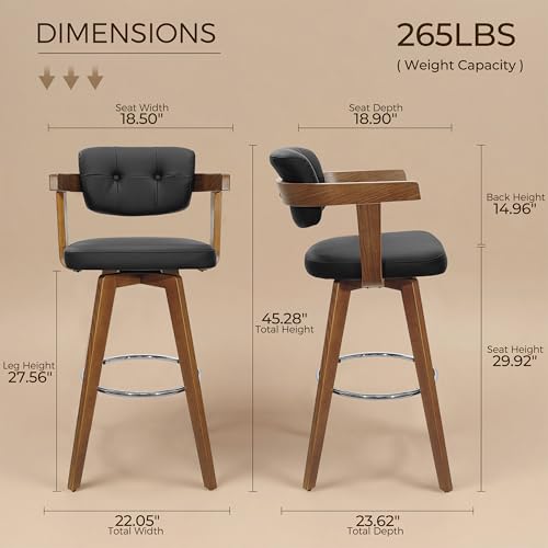 Butacos giratorios de altura para barra Zouron, con asiento de cuero sintético negro y respaldo acolchado, diseño moderno, para isla de cocina, juego de 2 unidades miniatura 2