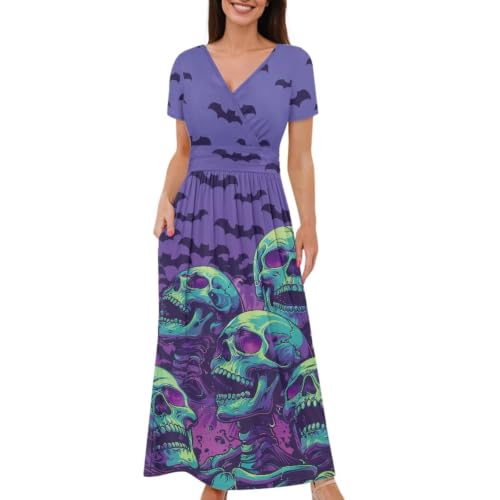 Image of Women's Fall Summer Short Sleeve Ankle Length V-Neck Party Dress with Pockets Size S-3XL