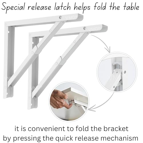 Image of VMD, Heavy Duty 12 inch (White) Foldable Shelf Bracket, DIY Folding Shelves, l Bracket, Wall Brackets, Wall Angle Bracket, Folding Table Bracket with Fittings for fold Down Steel Table (Pack of 2)