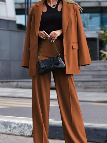 HOTIAN Business Casual Suit Sets Women's 2 Piece Outfits Blazer Jacket and Wide Leg Pants with Pockets3