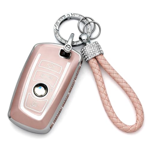 Image of Creativity for BMW X5 Key Cover and Key Chain Accessories (Pink Set) | TPU key box with Rhinestones is compatible with X1 X3 X4 X5 X6 1 2 4 5 6 7 M3 M5 M6 GT3 GT5 G30 F10 F15 F16 F20 key