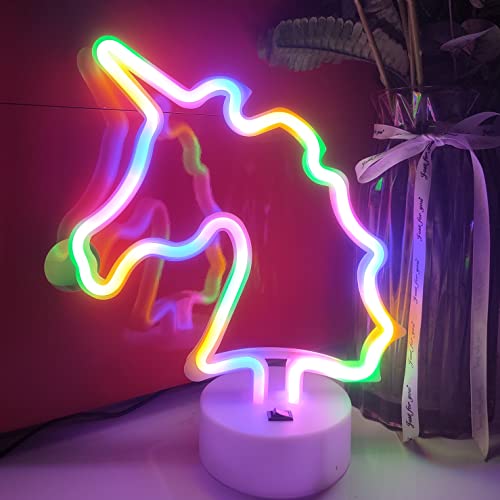JYWJ Unicorn Neon Sign with Holder Base,USB or 3-AA Battery Powered Neon Light,LED Desktop Wall Decoration,Various Parties,Decoration of Business Premises (Color)