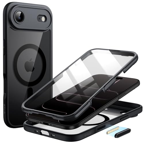 JETech Funda para iPhone 17 Air con Protector Pantalla Cristal Vidrio Templado Incorporada y Botón Control Cámara, Compatible con MagSafe, Carcasa 360 Grados (Negro)