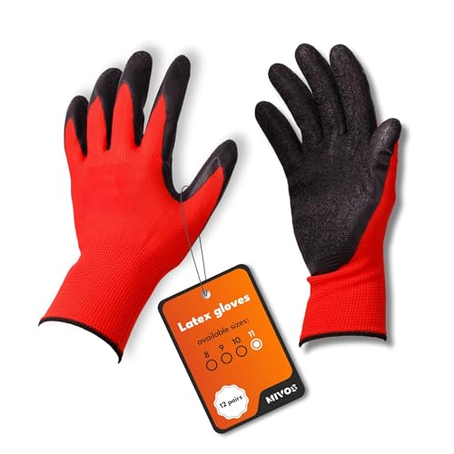 MIVOS Guantes de protección 12 pares - Talla 11 - Guantes de trabajo para hombre y mujer - Guantes con agarre óptimo - Guantes de látex para jardinería - Ideales para uso doméstico y profesional