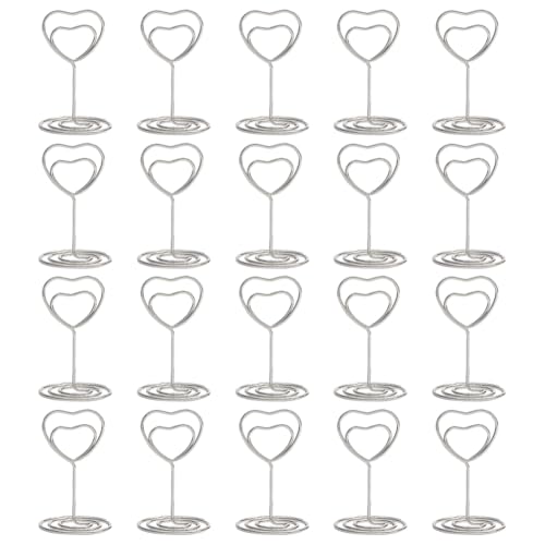 20 Pcs 2 Inch Heart Shaped Photo Holder Love Heart Table Number Holders Wedding Place Card Holders Table Picture Display Stands Mini Metal Wire Memo Clips for Office Home Silver