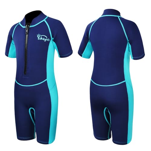 Yikayin Muta corta per bambini, 2 mm, di alta qualità, per ragazzi e ragazze, in neoprene termico UV, con cerniera frontale, per lezioni di nuoto, surf, snorkeling, immersioni, SUP, blu, XS