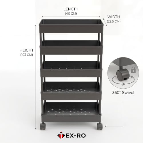 Image of TEX-RO Plastic Storage Rack for Bedroom | Shelf for Bedroom | Bathroom Storage Rack | Trolley for Kitchen Storage | Multipurpose Storage Rack (Black, 5 Layer)