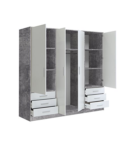 FORTE-Jupiter-Kleiderschrank-4-tuerig-6-Schubkaesten-Holzwerkstoff-Betonoptik-Lichtgrau-Weiss-2065-x-60-x-200-cm
