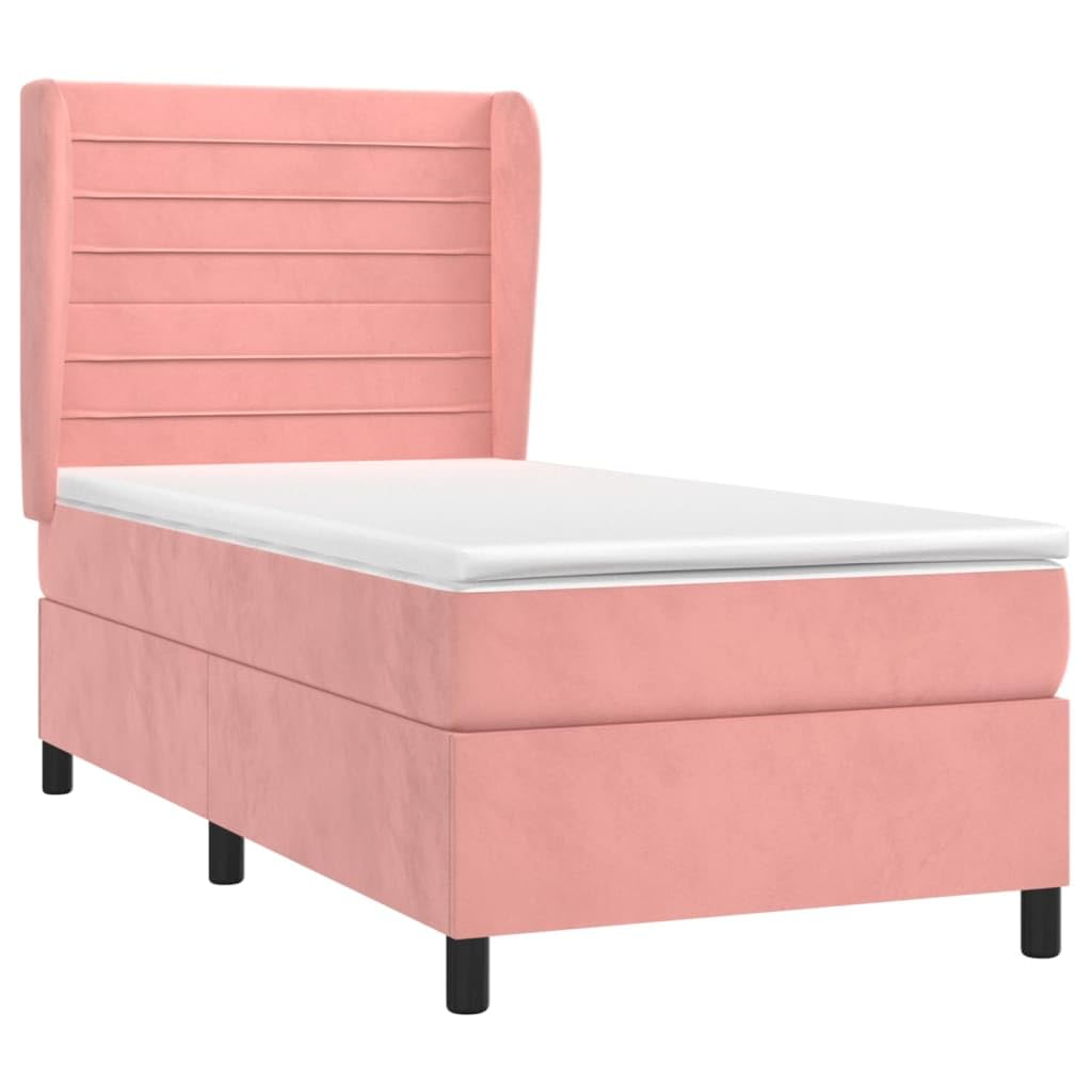 Cama con somier con colchón, color rosa, 90 x 190 cm, terciopelo acolchado, cama individual para jóvenes, muebles para dormir, cama con cabecero alto y cómodo colchón de muelles ensacados
