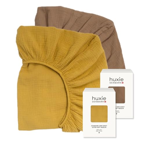 Image of Crib Sheets – Organic Cotton Muslin Fitted Crib Sheet – Standard Size for Baby Boy and Baby Girl 28" x 52" Ultra-Soft and Breathable - 2-Pack (Natural/Autumn Yellow)