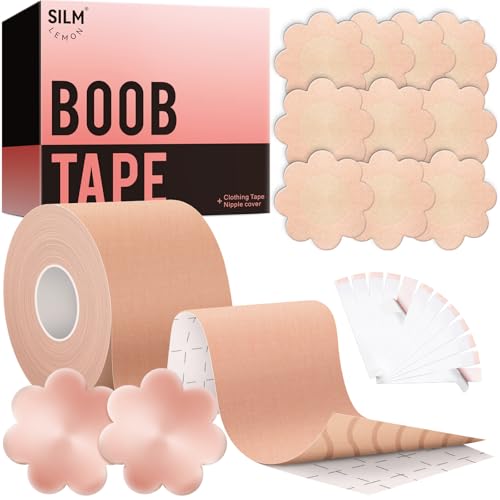 Silm Lemon Boob Tape - Boobtape for Large Breasts, Boob Lift Tape, Double Sided Tape with 2 pcs Nipple Covers for women A-G Cup (Beige, 2 in)