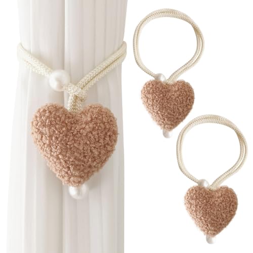 AOOPOO 2 Pièces Embrasse à Rideaux, Embrasse de Rideaux Corde en Forme 3D Cœur avec Perles Boucle Attache Rideau sans Percage pour Décoration de Chambre...