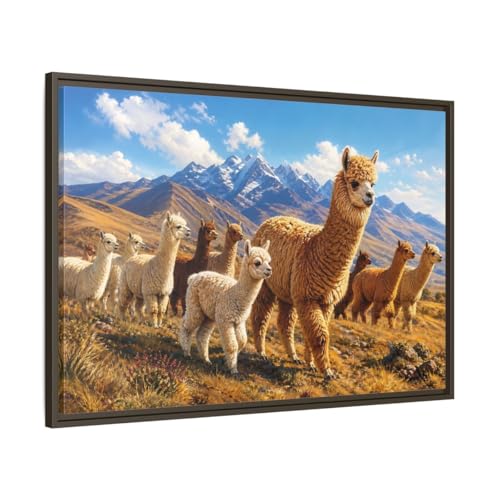 Tableau alpagas paysage avec cadre expresso de 90x60 cm pour salon