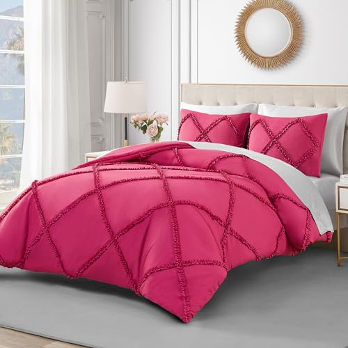 Image of Juicy Couture Diamond King Comforter Set - Ruffle 3-Piece Machine Washable Reversible Bedding Comforter Set, Hot Pink