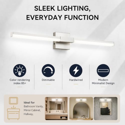 Image of SOLFART Vanity Lighting Fixtures Dimmable: Brushed Nickel 32-Inch Detachable 4-Way Light Direction Bathroom Light Fixtures Over Mirror ETL IP44