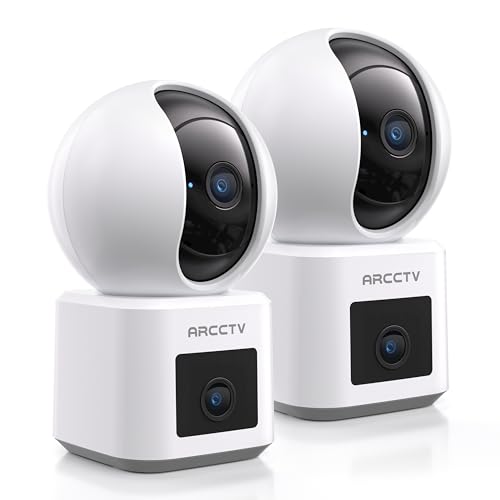 ARCCTV 2-Pack Dual Lens Indoor Security Camera, 2.5K WiFi 6 Pet Camera for Home Security System, 4-View Whole Home Coverage, 360° AI Tracking, 5GHz/2.4GHz Dog Camera, Night Vision, Phone App