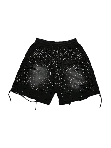 RoseSeek Men's Glitter Rhinestone Ripped Shorts Drawstring Waist Wide Leg Party Shorts with Pockets Black Large