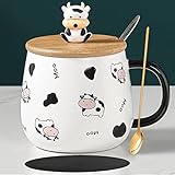 Arawat Kuh Tasse mit Deckel Lustige Kaffeetasse Kuh Geschenk 400 ml Keramik Teetasse mit Löffel & Untersetzer Weihnachten Cute Groß Tee Kaffee Becher Tassen Süße Geburtstagsgeschenk für Freund