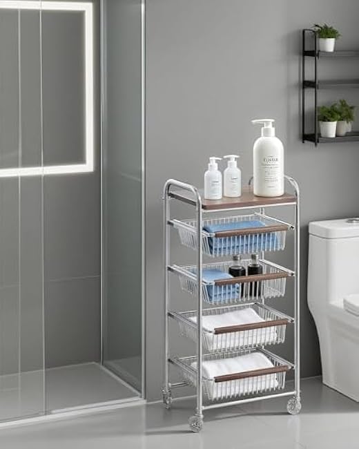 Fruit Basket Stand,5-Tier Snack Fruit Vegetable Cart Kitchen Storage Cart with Wooden Top and Pull-Out Baskets Rolling Pantry Kitchen Cart on Wheels for Storing Fruits Vegetables and Snacks-poBpIx57