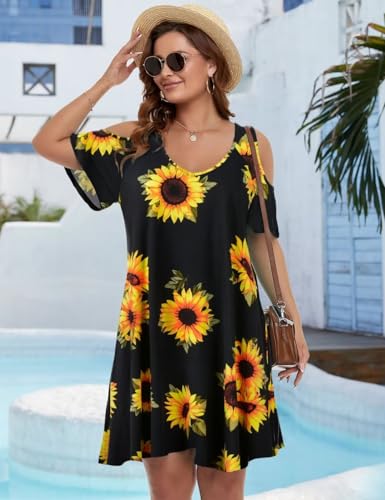 Image of JollieLovin Womens Plus Size Short Sleeve Cold Shoulder V Neck T-Shirt Dress with Pockets