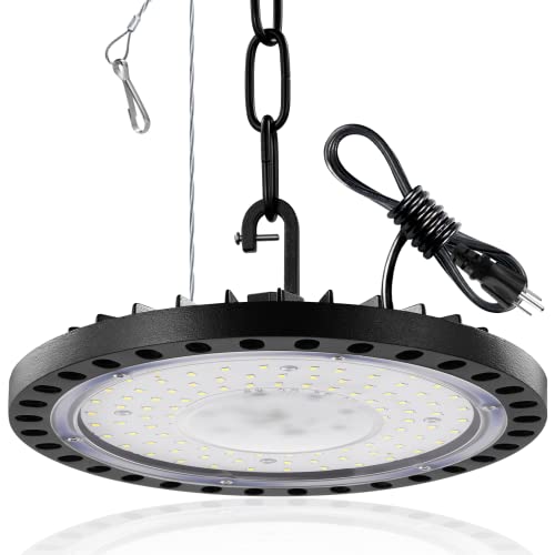 Image of 1Packs 100W UFO High Bay Light with Chain and US Plug- AC 120V 6000K 10000LM ultrue bright LED Commercial Warehouse Area Lights IP65 Waterproof Floodlight for Workshop Barn Factory Gymnasiums