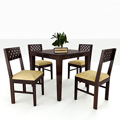 Image of Solid Sheesham Wood 4 Seater Dining Table Set with Cushioned Chairs for Dining Room | Living Room | Home & Office | Hotels Restaurant & Cafe (4 Seater, B-Walnut)