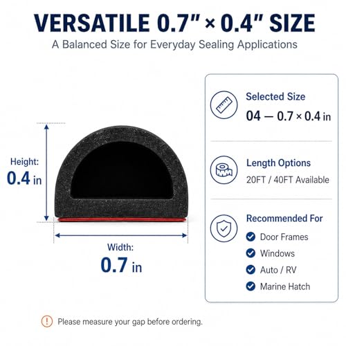 Image of Silicone Weather Stripping Door Seal, 20FT Self Adhesive D-Shaped Weather Strip, 0.7 inch W x 0.4 inch H Rubber Seal Strip for Door Frame, Window, Auto, RV, Boat, Garage Door Edge and Gap Seal, Black