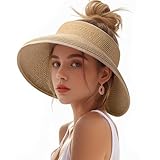 Sun Visors Hats for Women, Fashionable Straw Beach Hat with Wide Brim, Sun Hat UPF 50+ UV Protection, Roll-Up Ponytail Straw Summer Hat Foldable Travel Khaki