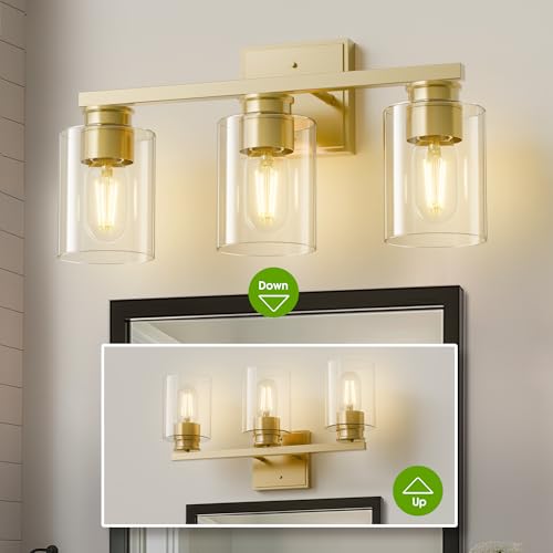 Image of L LOHAS LED 3-Light Bathroom Light Fixtures Over Mirror, 17.7-Inch Gold Bathroom Vanity Light with Clear Glass Shade, Modern Vanity Lights for Bathroom Hallway Living Room Bedroom, E26, UL Listed