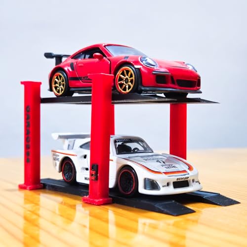 Image of 1 /64 Scale 2 Tier Car Lift Diecast Garage Diorama Accessory for Hot Wheels, Matchbox, Greenlight - Two-Tier Display Car Lift with Red Pillars & Black Base Set of 2 (RED-Black)