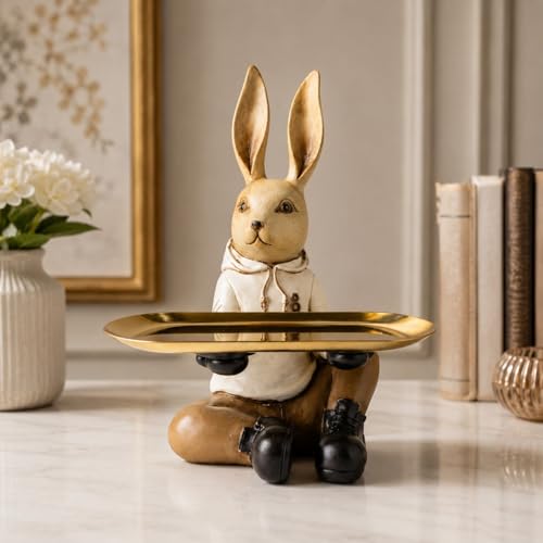 Image of ARMONIA Decorative Rabbit Tray Holder with Golden Tray | Multipurpose Premium Organizer in Matte Finish | Luxury Home Decor Accent for Living Room, Dining & Gifting