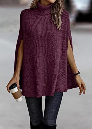 KIRUNDO Women's 2026 Fall Winter Turtleneck Poncho Sweater Fashion Chunky Knit Cape Wrap Sweaters Pullover Jumper Tops(Dark Purple Red, Small) — view 2