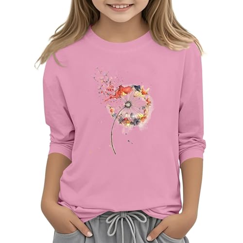 Teen Girls Floral 3/4 Length Sleeve Top Summer Crewneck Casual Athletic Blouse for Kids Soft Comfy (Pink #6, 4-5 Years)