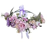 AWAYTR Boho Blumenkrone Stirnband Festival Kopfschmuck - Handgefertigt Blume Haarkranz mit Band Beere Blumenstirnband für Frauen und Mädchen Kleid (Lila + Khaki)