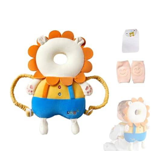 Image of Baby Head Protector Backpack, Toddler Baby Head Protection Backpack with Baby Knee Pads Alarm Function for Walking & Crawling, Soft, Breathable and Wearing Safety Baby Head Protector-Yellow Lion