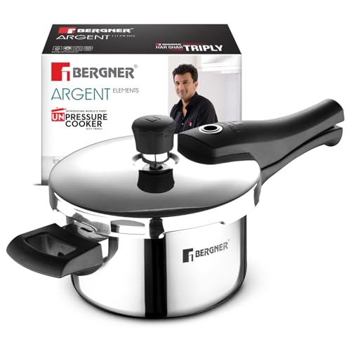 Image of Bergner Argent Elements Triply Stainless Steel 1.5 L Outer Lid Pressure Cooker, Healthy Cooking, Even Heat Distribution, Sturdy Handle, Easy Lock System, Safety Gasket - Induction and Gas Stove Ready