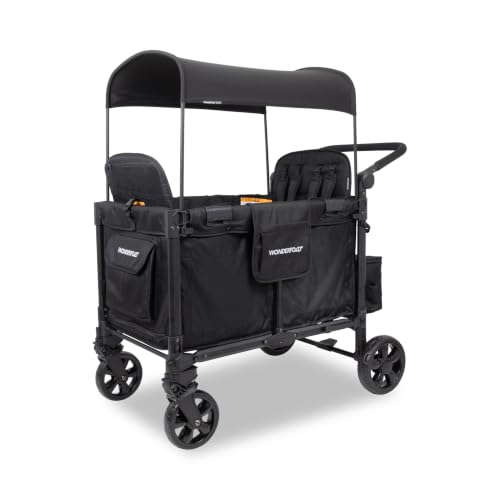 WonderFold W4 Elite Pro Stroller Wagon - Foldable Wagon with Aluminum Frame - Adjustable Canopy & Push Handle - All-Terrain Wheels - for Babies Toddlers & Kids - 4 Seater - Jet Black