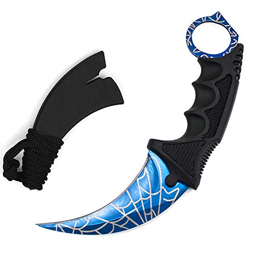 WeTop Karambit Knife, CS-GO for Hunting Camping Fishing Self Defenses and Field Survival, Stainless Steel Fixed Blade Tactical Knife with Sheath and Cord (Spider Web Blue).
