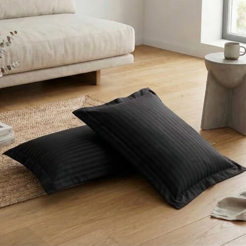 Image of Home Sizzler 210TC Satin Stripe Microfibre King Size Pillow Covers (18 X 27 Inches) - Black, Set of 2
