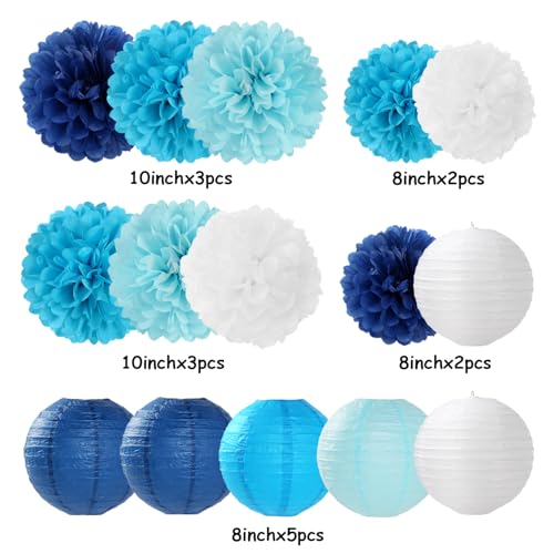 Image of Blue-White Birthday Party-Decorations Paper-Flowers Lanterns - 15PCS Light Royal Tissue Pom Poms Streamers,Classroom Ocean Themed Baby Bridal Shower Bachelorette Wedding Hanging Supplies Decor Hugfond
