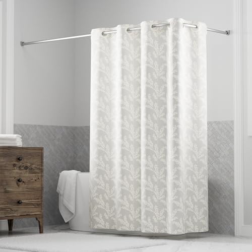 Hookless It's A Snap! Jacquard Shower Curtain, 3-in-1 Curtain Includes Fabric Shower Curtain with Flex-On Rings & Fabric Liner with Magnets, 71" x 74", Botanical Arboretum Print, Beige