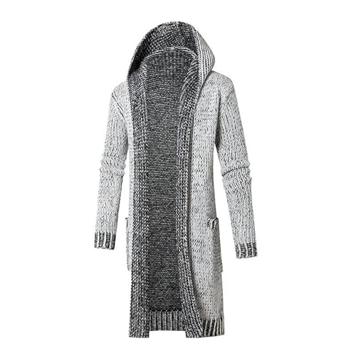 Mens Casual Long Open Front Cardigan Cable Ribbed Knitted Sweaters Trendy Lightweight Hooded Knitted Cardigans (Grey,3X-Large)