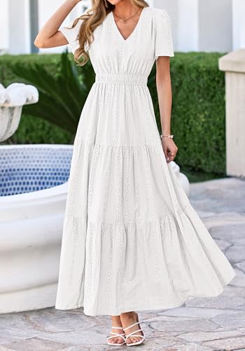 BTFBM Womens Summer Dresses 2026 V Neck Hollow Out Eyelet A Line Flowy Boho Beach Vacation Wedding Guest Maxi Dress(White, XX-Large) — view 6