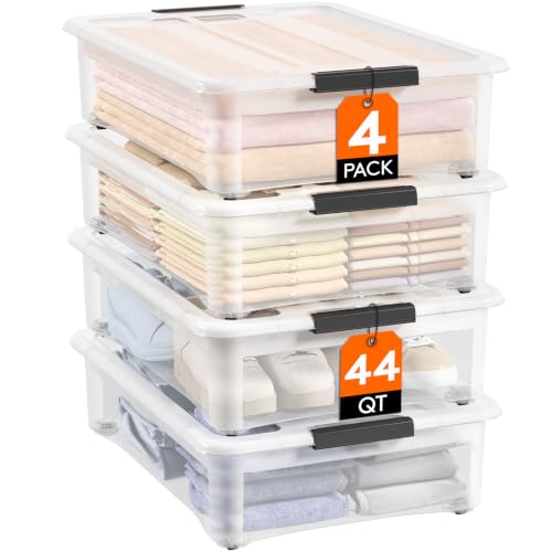 Image of Lifewit 44Qt Storage Bins with Lids, Plastic Large Latches Boxes with Wheels, Clear Totes Tubs Container for Closet Organizers and Storage, Bedroom, Clothes, Craft, 4 Pcs