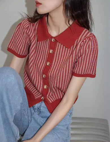 CHARTOU Women Short Sleeve Sweater Polo Collar Button Down Diamond Crop Shirt Cardigan3
