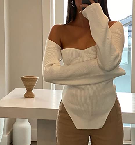 Meladyan Women Scoop Neck Asymmetrical Hem Knit Sweater Top Off Shoulder Long Sleeve Square Neck Solid Sexy Sweaters Apricot #TOP6